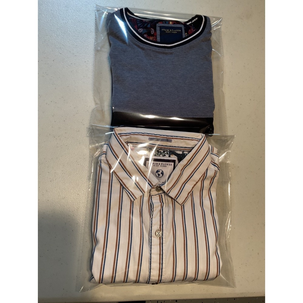 Denim & Flower Ricky Singh Mens Large Striped Short Sleeve Button Down Blue